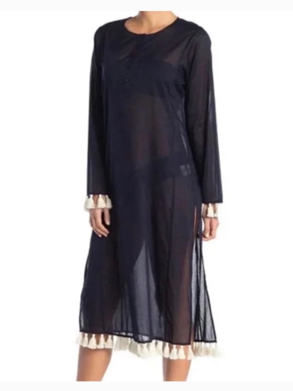 Tory Burch Sandy Tassel Navy Midi Tunic Dress S Coverup NWOT - Picture 3 of 11